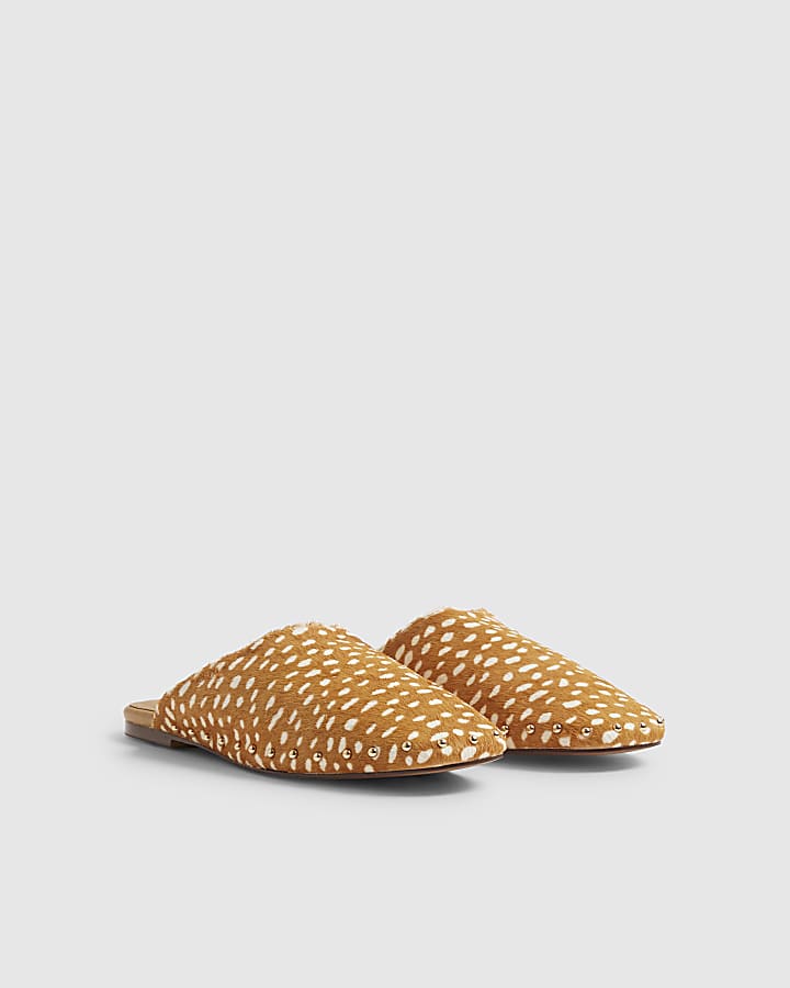 Beige Deer Hair on Leather Backless Mules