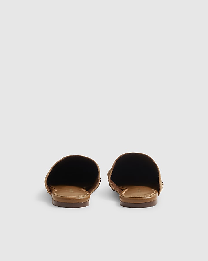 Beige Suede Studded Backless Mules