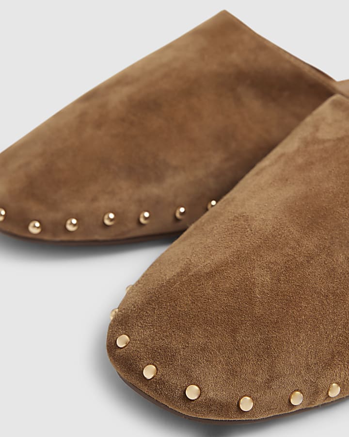 Beige Suede Studded Backless Mules