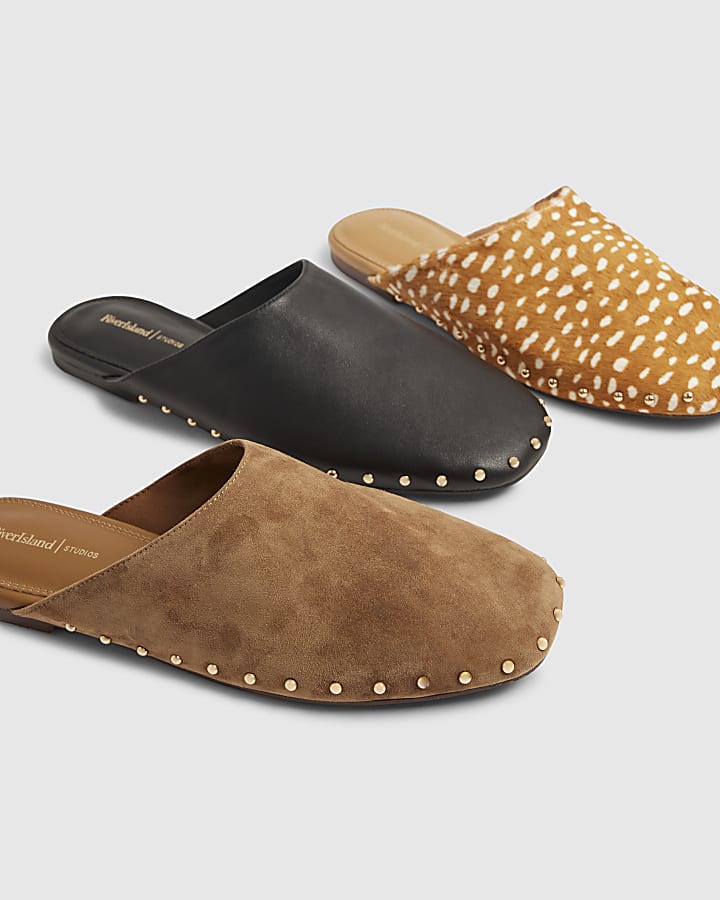 Beige Suede Studded Backless Mules