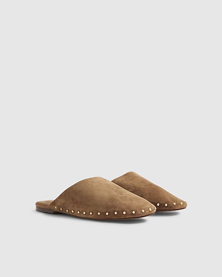 Beige Suede Studded Backless Mules