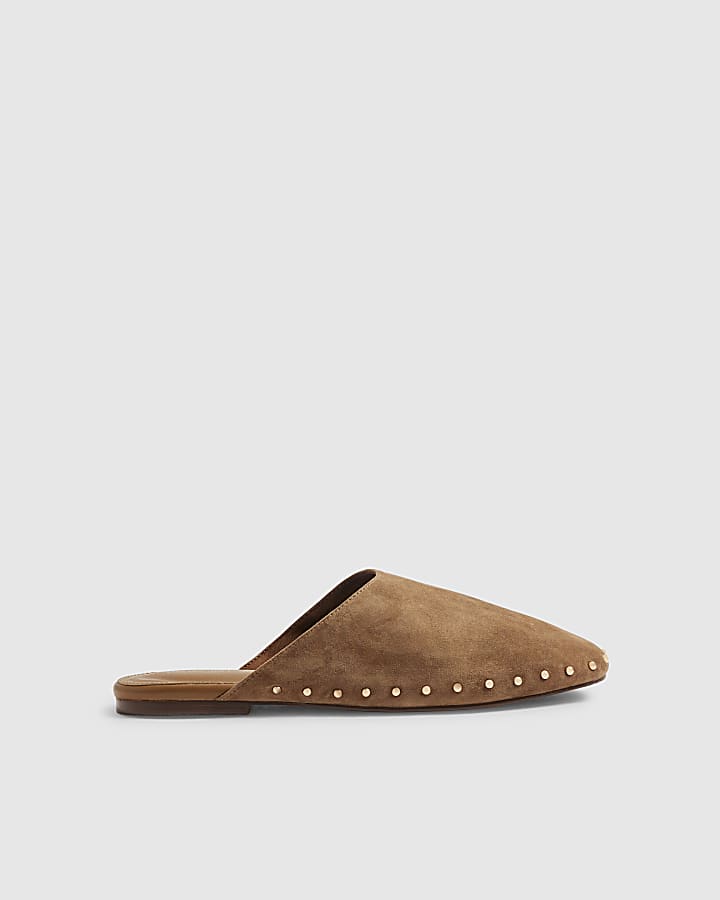 Beige Suede Studded Backless Mules