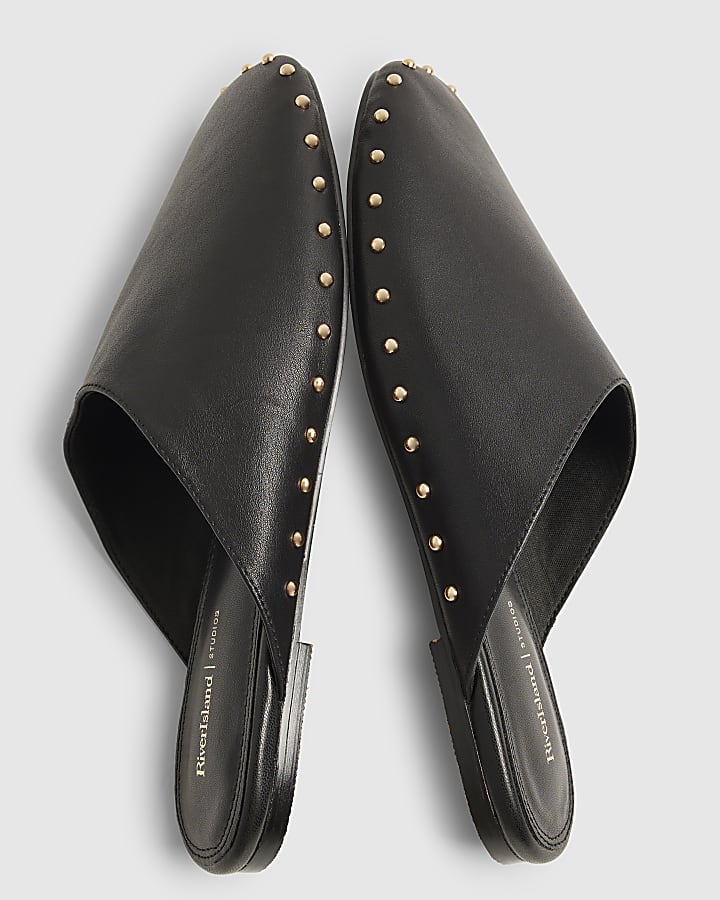 Black Leather Studded Backless Mules