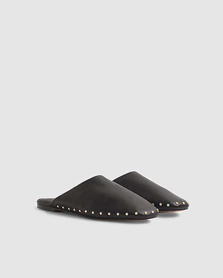 Black Leather Studded Backless Mules