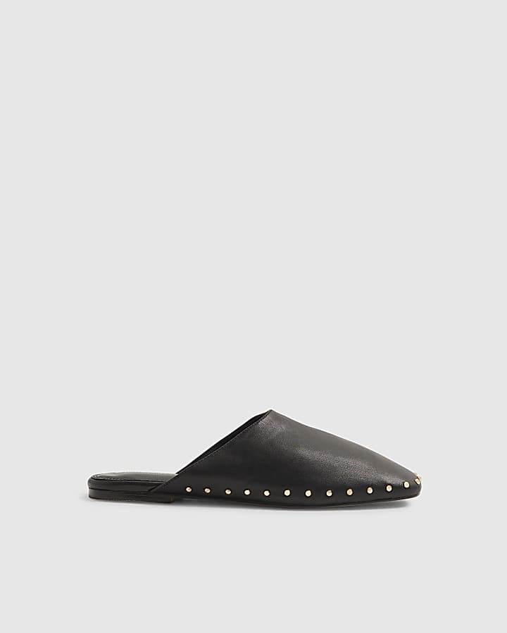 Black Leather Studded Backless Mules