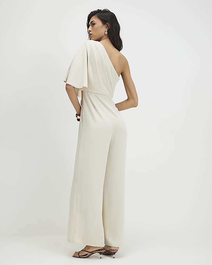 Cream One Shoulder Overlay Jumpsuit