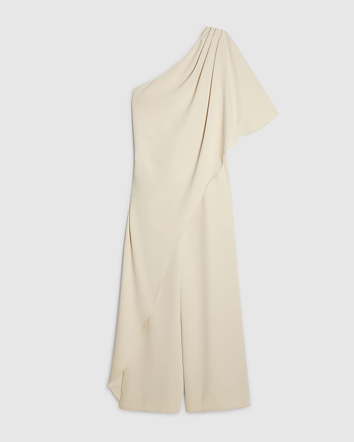 Cream One Shoulder Overlay Jumpsuit