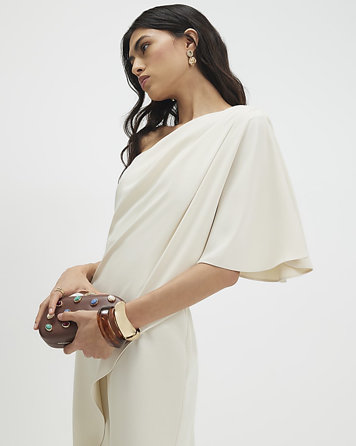 Cream One Shoulder Overlay Jumpsuit