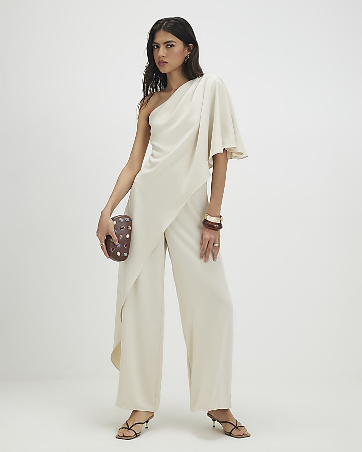 Cream One Shoulder Overlay Jumpsuit