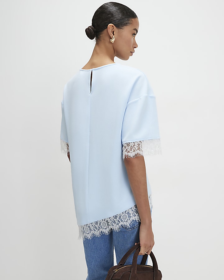 Blue Lace Trim Asymmetric T-Shirt