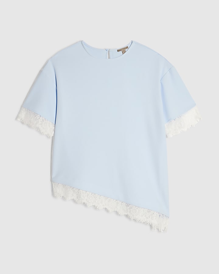 Blue Lace Trim Asymmetric T-Shirt