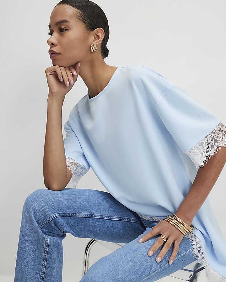Blue Lace Trim Asymmetric T-Shirt