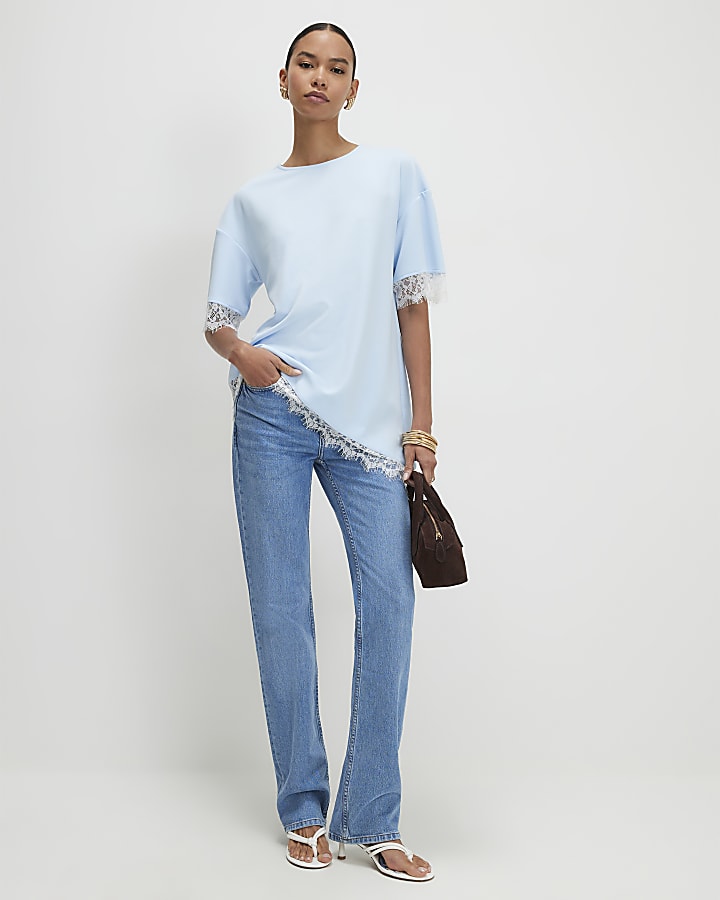 Blue Lace Trim Asymmetric T-Shirt