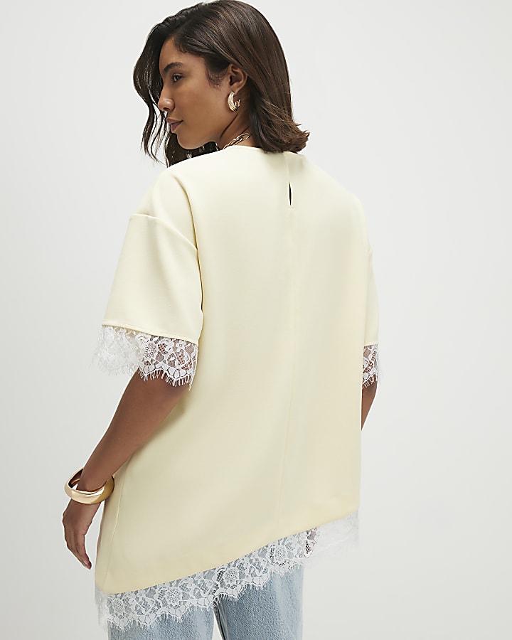 Yellow Lace Trim Asymmetric T-Shirt