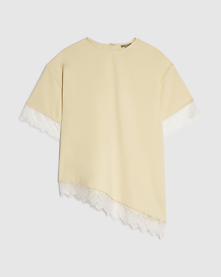 Yellow Lace Trim Asymmetric T-Shirt