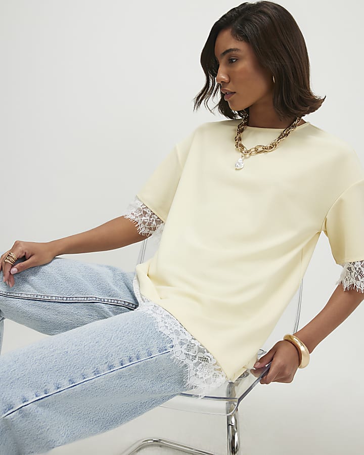 Yellow Lace Trim Asymmetric T-Shirt
