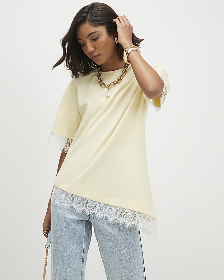 Yellow Lace Trim Asymmetric T-Shirt