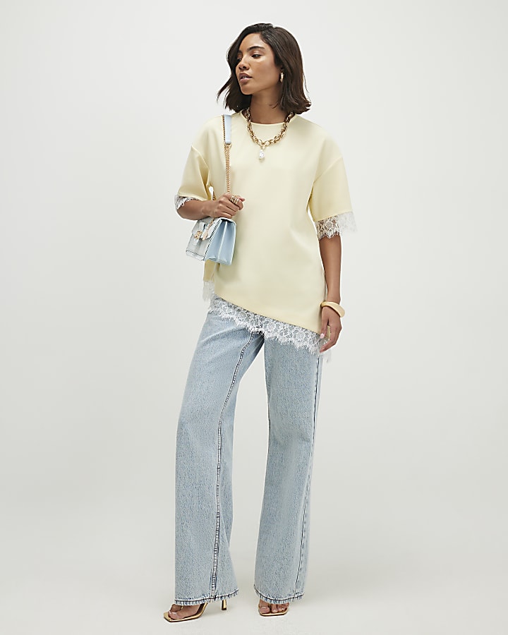 Yellow Lace Trim Asymmetric T-Shirt