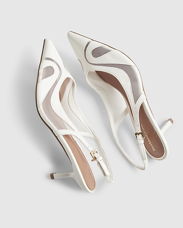 White Mesh Spliced Slingback Court Heels