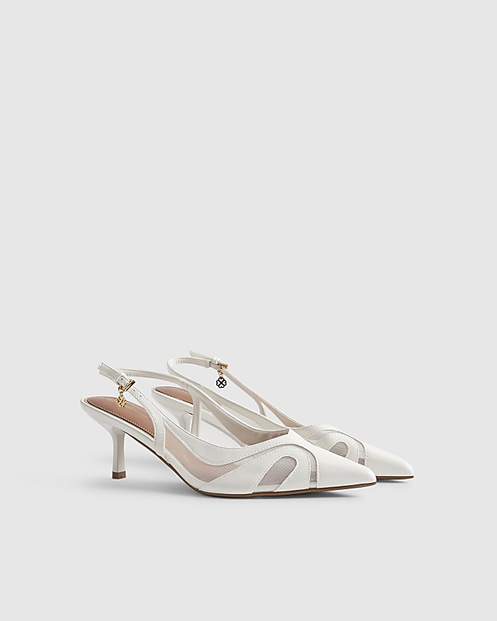 White Mesh Spliced Slingback Court Heels
