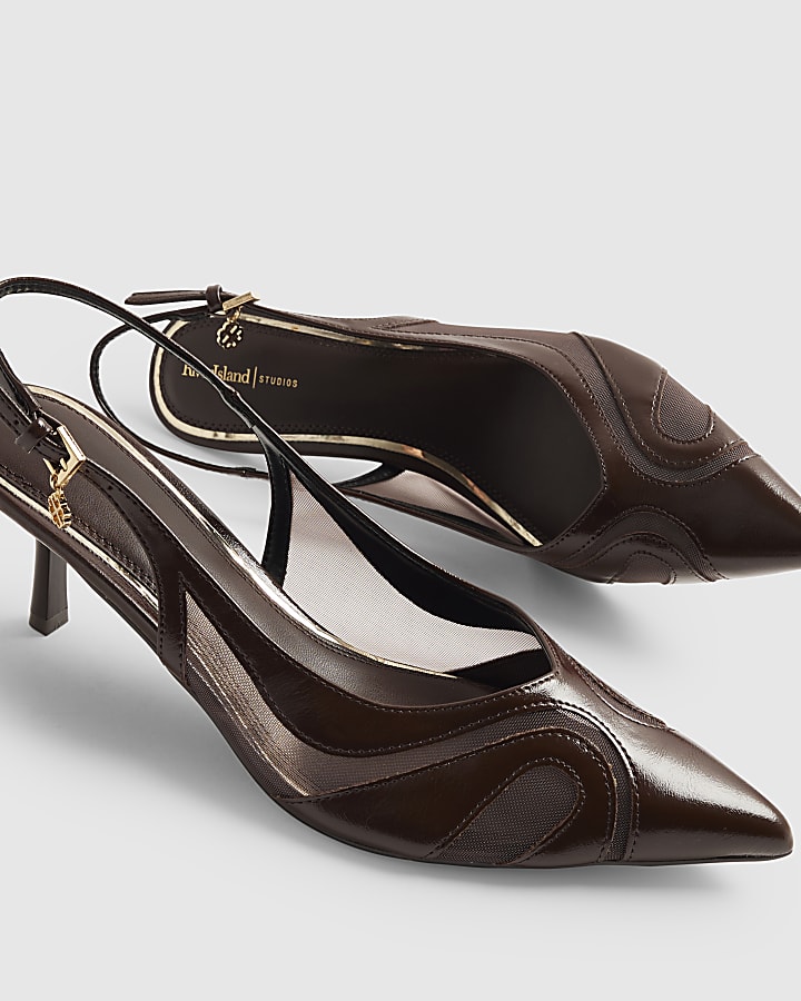 Brown Mesh Slingback Court Heels