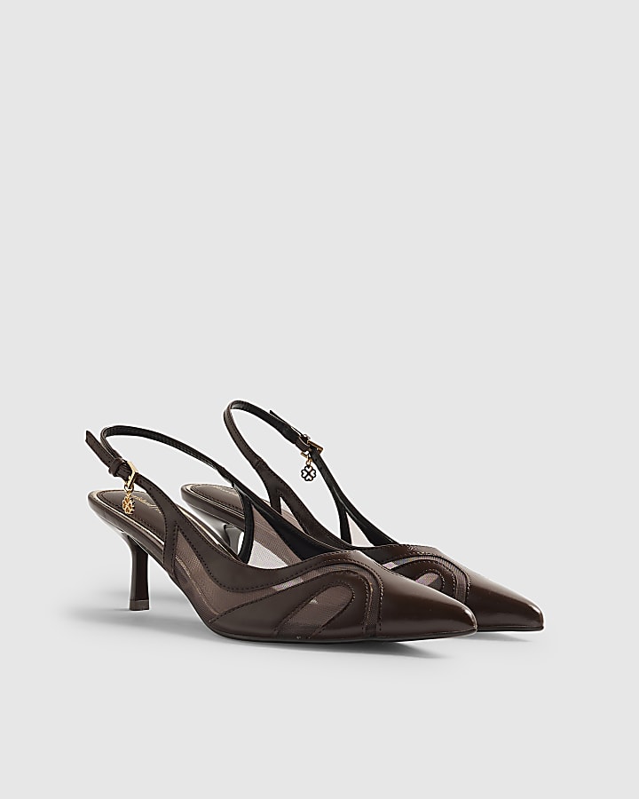 Brown Mesh Slingback Court Heels