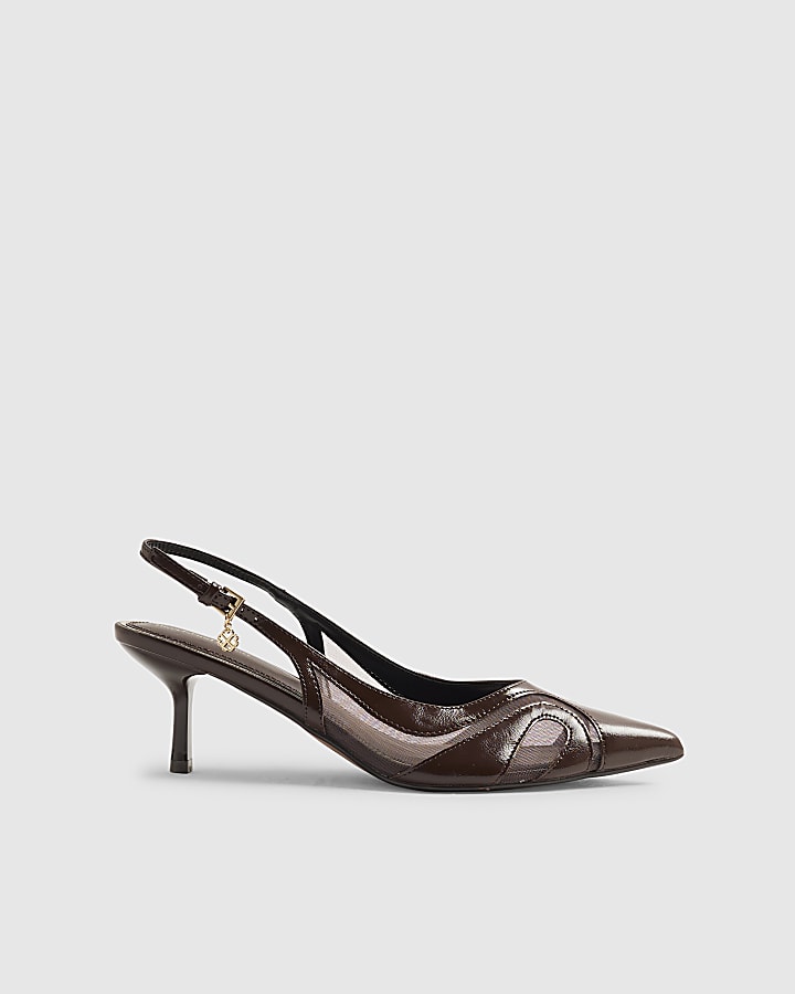 Brown Mesh Slingback Court Heels