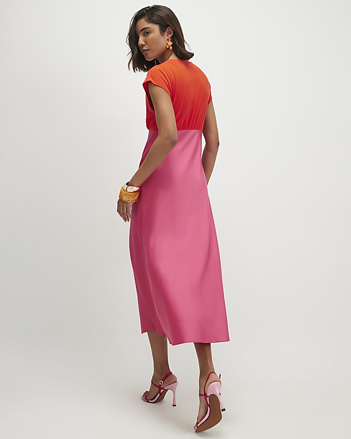 Pink Short Sleeve Lace Satin Midi Dress