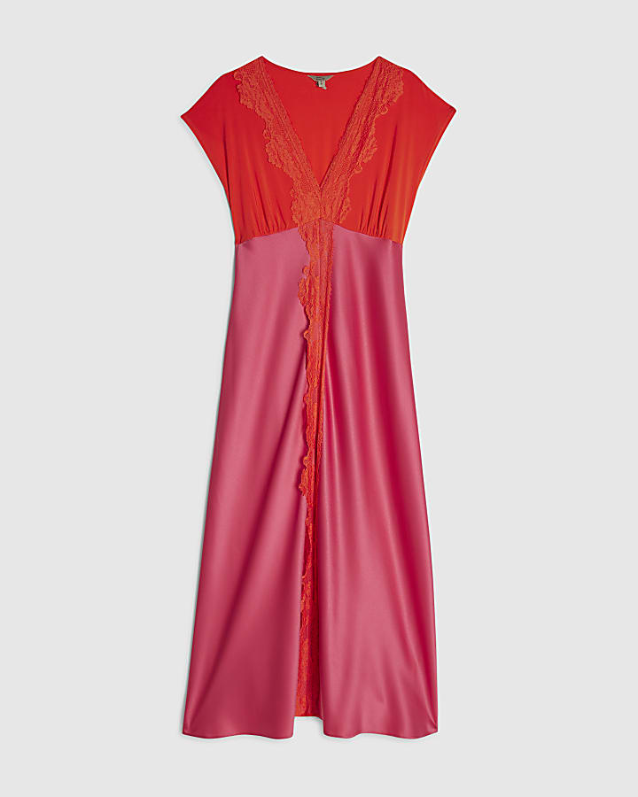 Pink Short Sleeve Lace Satin Midi Dress
