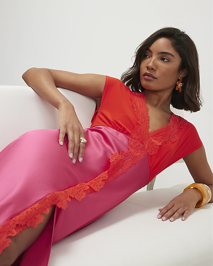 Pink Short Sleeve Lace Satin Midi Dress