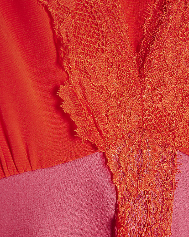 Petite Pink Lace Satin Midi Dress