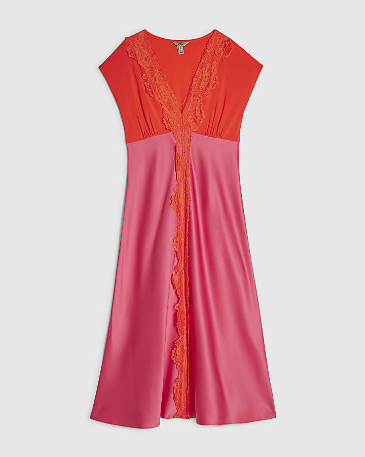 Petite Pink Lace Satin Midi Dress