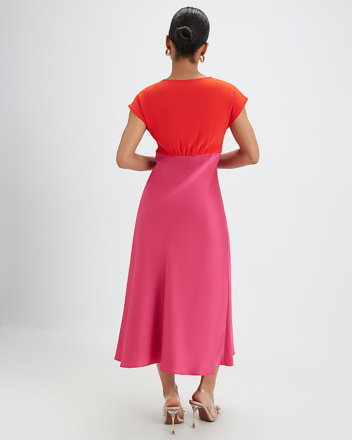 Petite Pink Lace Satin Midi Dress