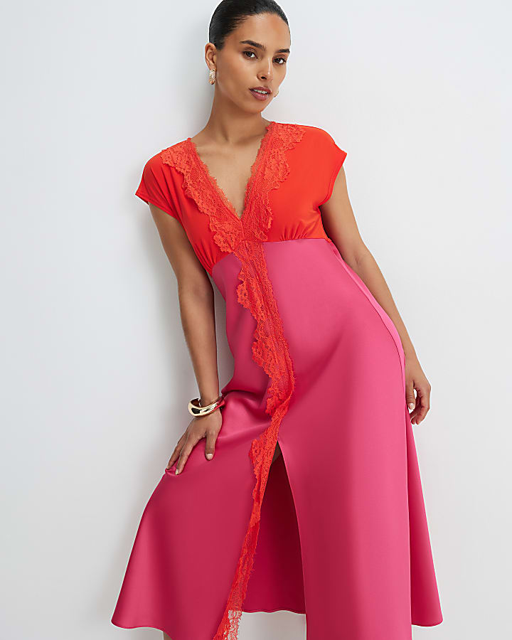 Petite Pink Lace Satin Midi Dress