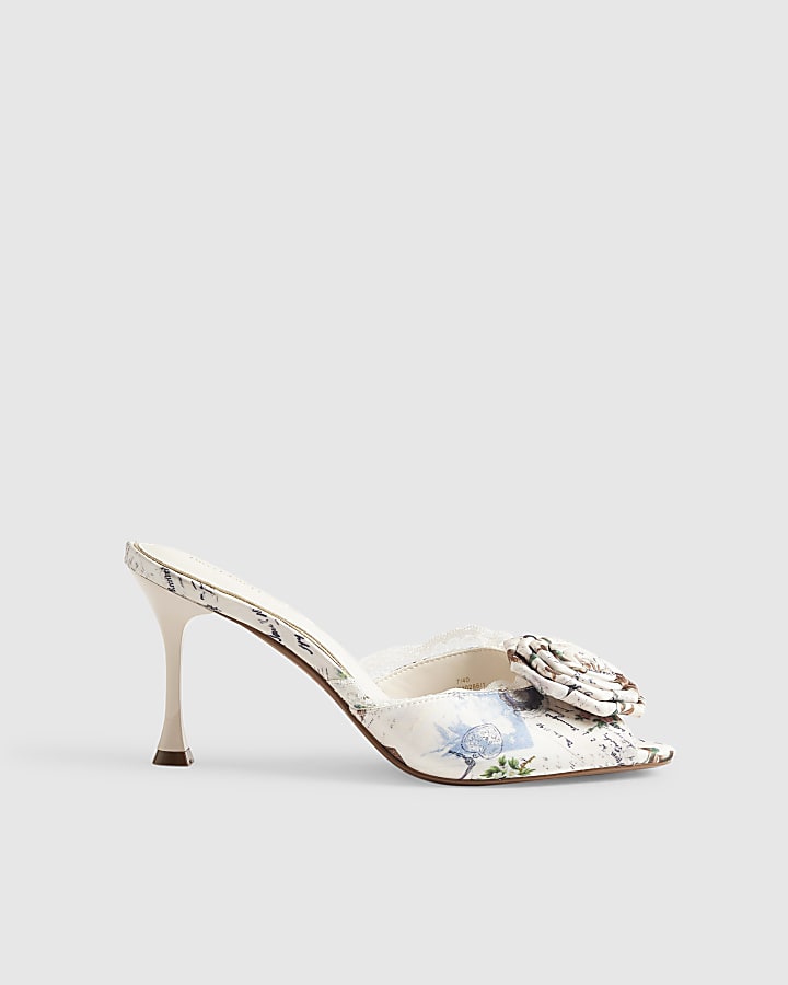 Cream Satin Rose Mule Heeled Sandals