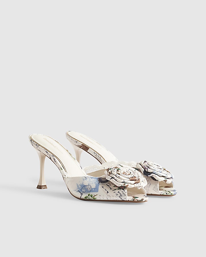 Cream Satin Rose Mule Heeled Sandals