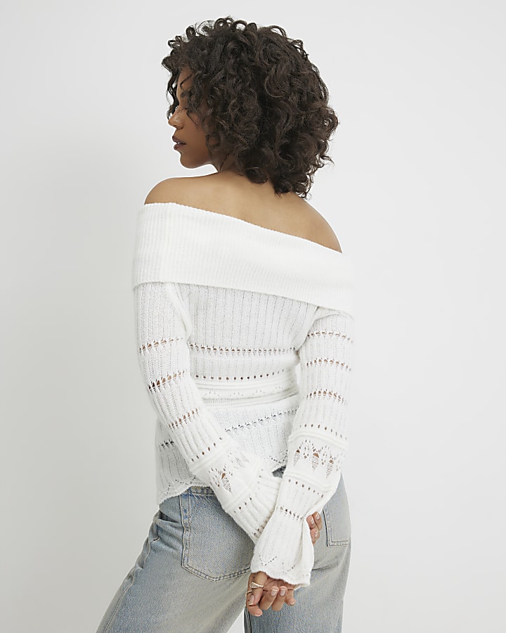Cream Bardot Pointelle Knit Jumper