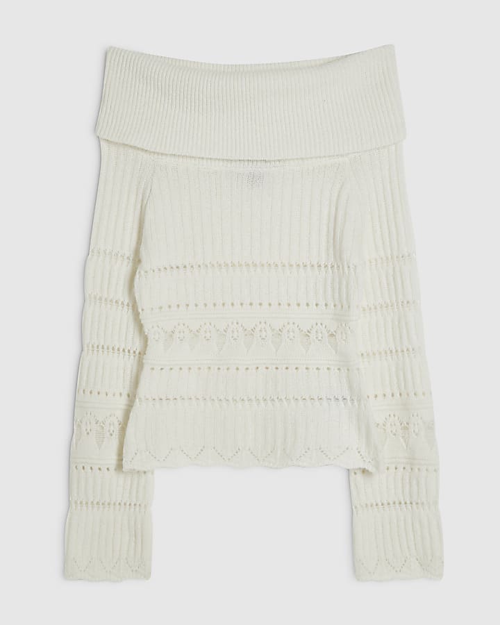 Cream Bardot Pointelle Knit Jumper
