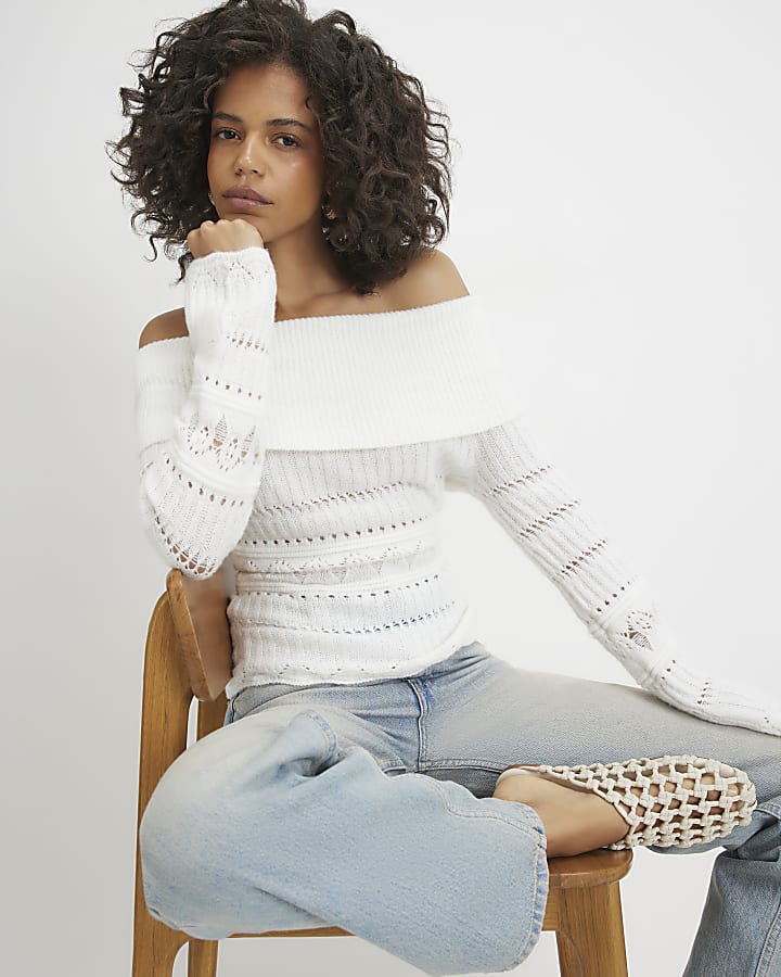 Cream Bardot Pointelle Knit Jumper