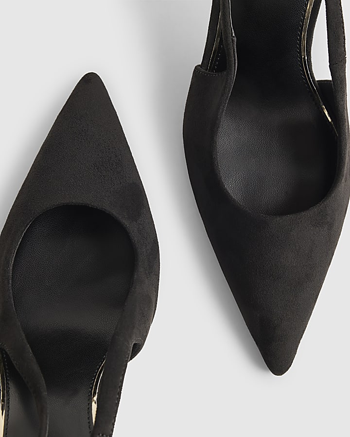 Black Faux Suede Slingback Chain Court Heels