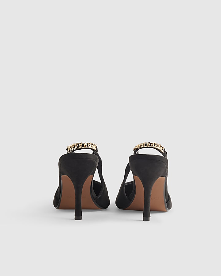 Black Faux Suede Slingback Chain Court Heels