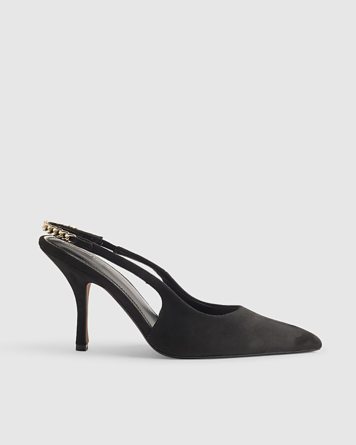 Black Faux Suede Slingback Chain Court Heels