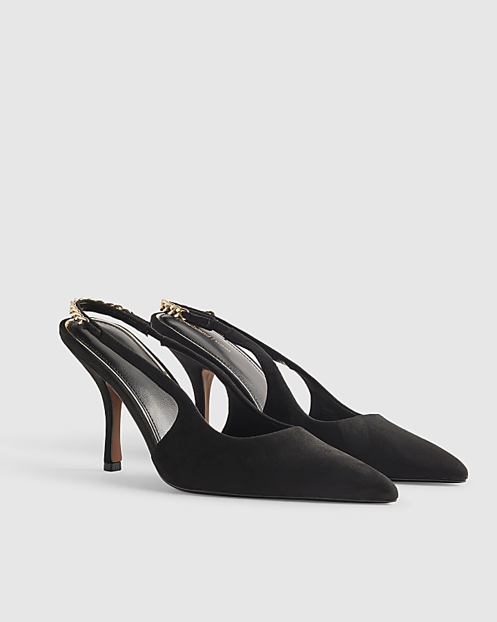 Black Faux Suede Slingback Chain Court Heels