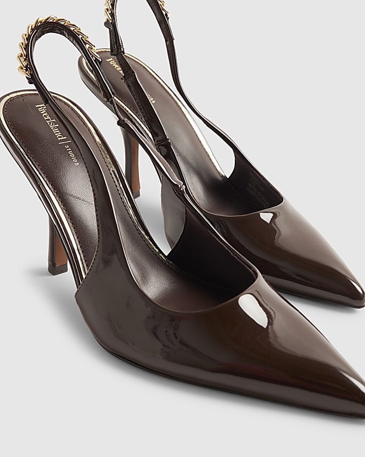 Brown Perspex Sling Back Chain Court Heels