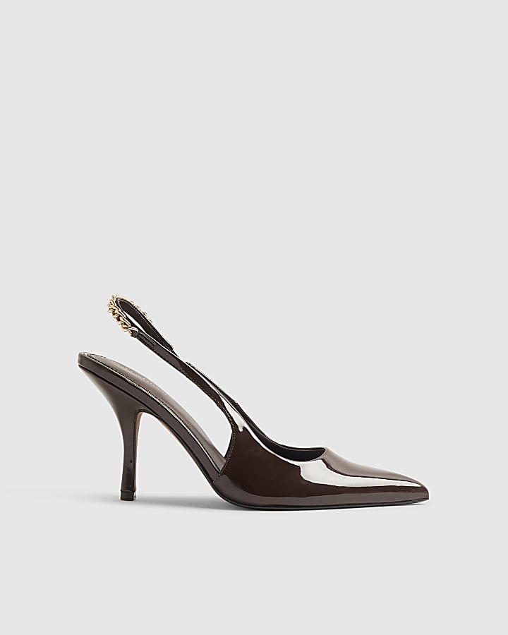 Brown Patent Slingback Chain Court Heels
