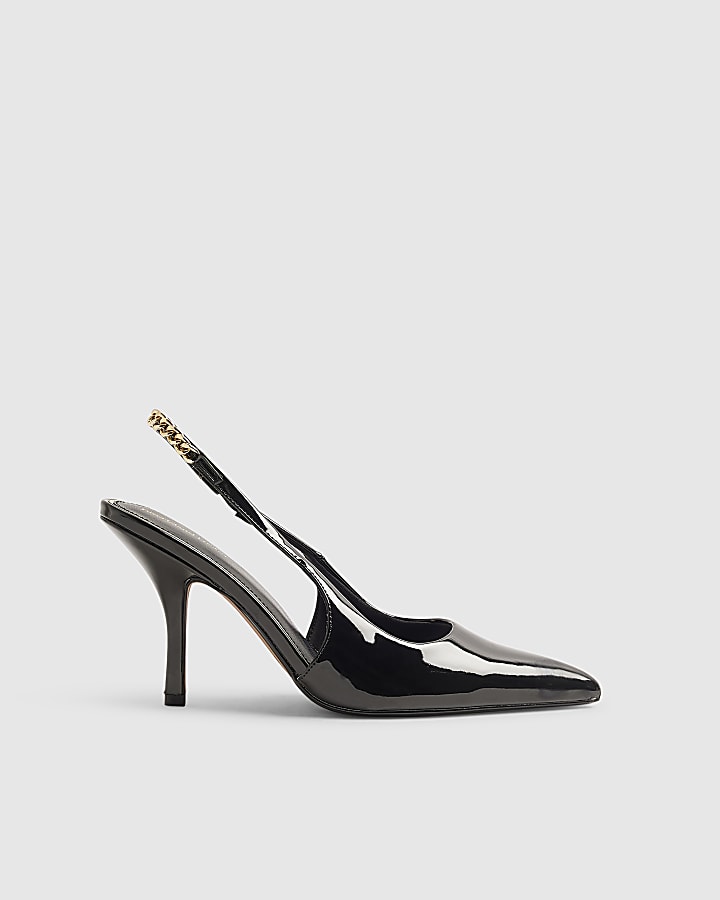 Black Patent Slingback Chain Court Heels