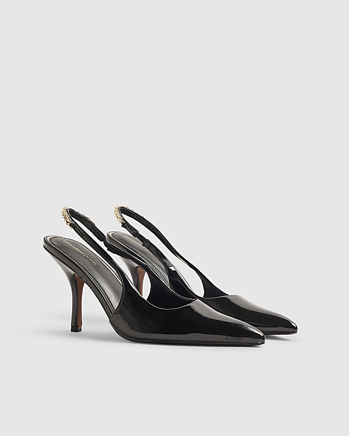 Black Patent Slingback Chain Court Heels