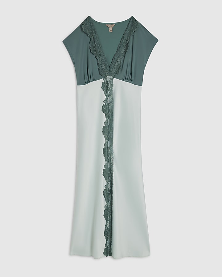 Blue Short Sleeve Lace Satin Midi Dress