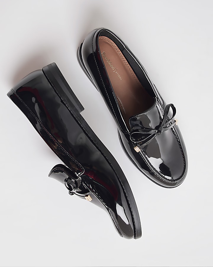 Black Wide Fit Faux Leather Bow Loafers