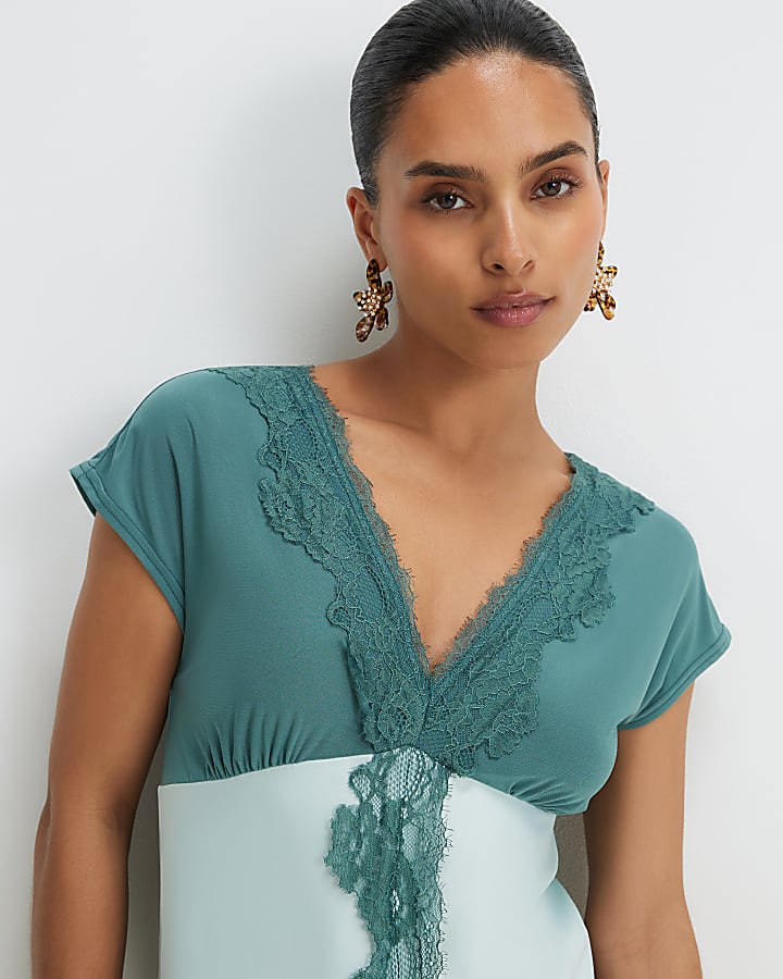 Petite Green Lace Satin Midi Dress